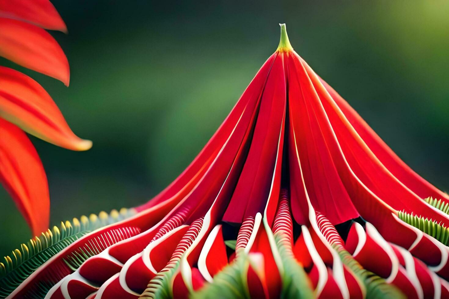 un cerca arriba de un rojo flor con un verde provenir. generado por ai foto