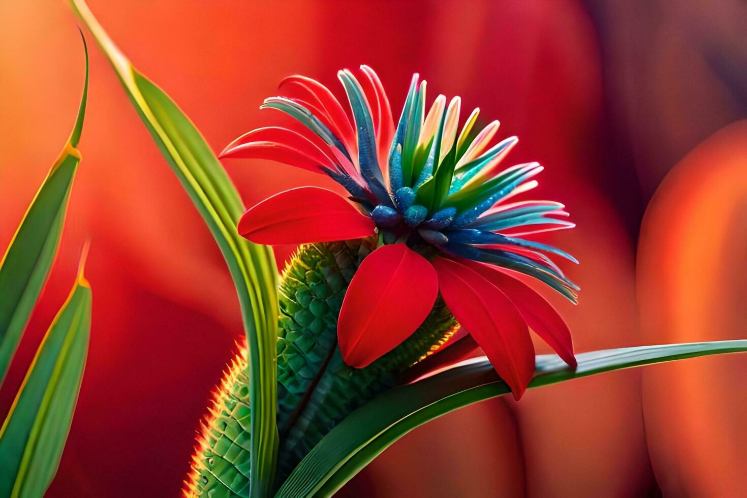 a red flower with a blue center is in front of a bright red background. AI-Generated photo