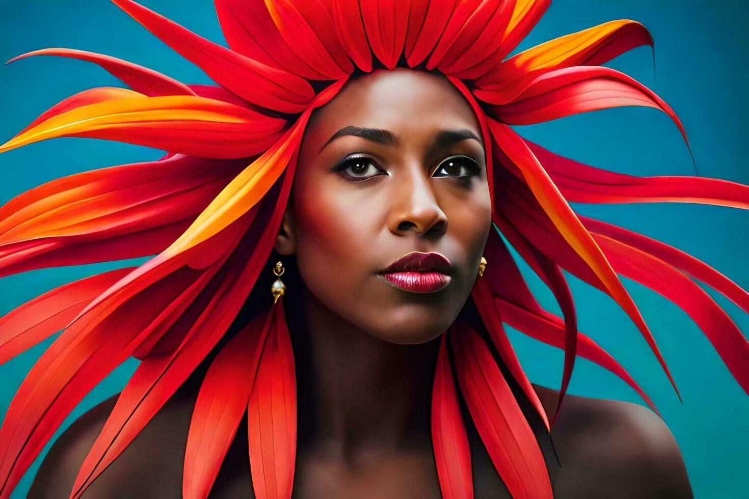 a woman with bright red hair and flowers. AI-Generated photo