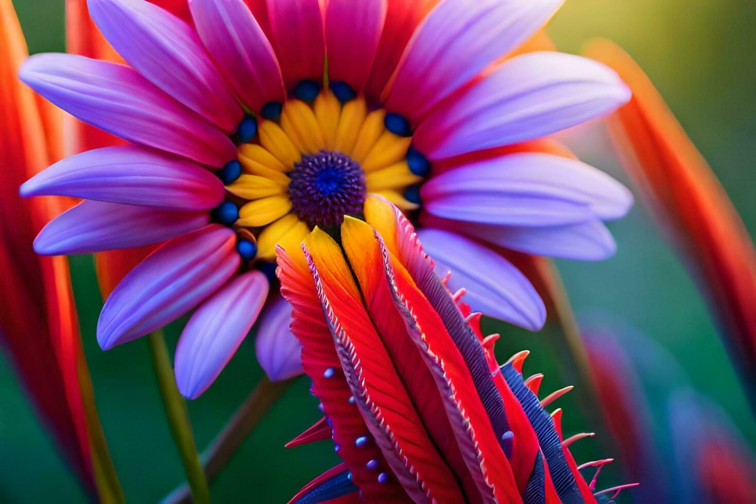 a colorful flower with a yellow center. AI-Generated photo