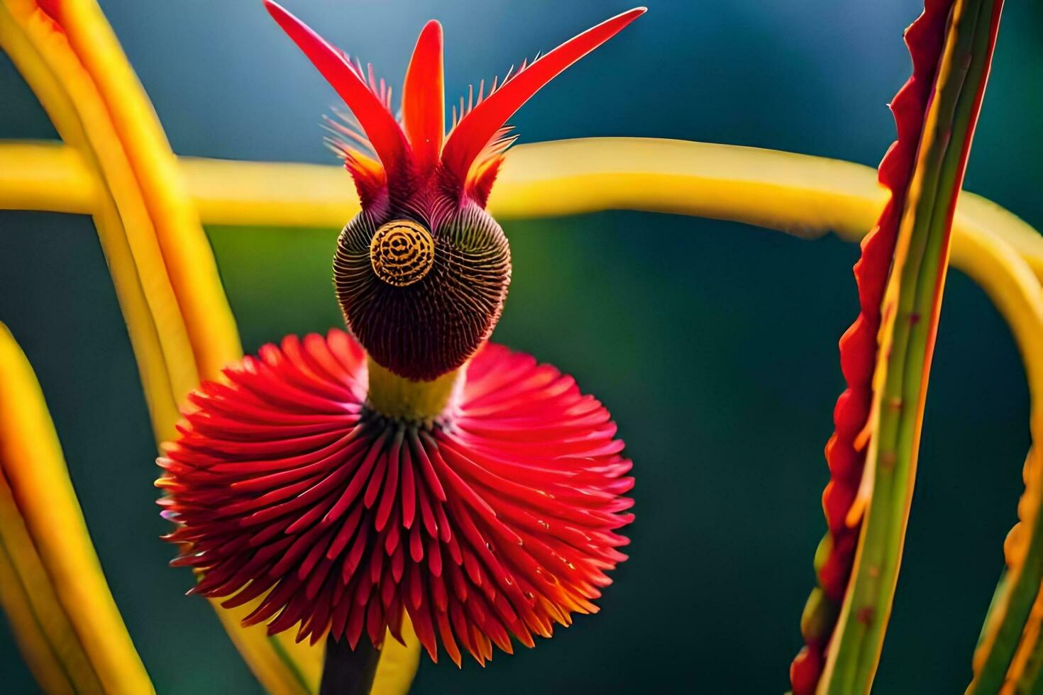 a red flower with a long stem and yellow leaves. AI-Generated photo