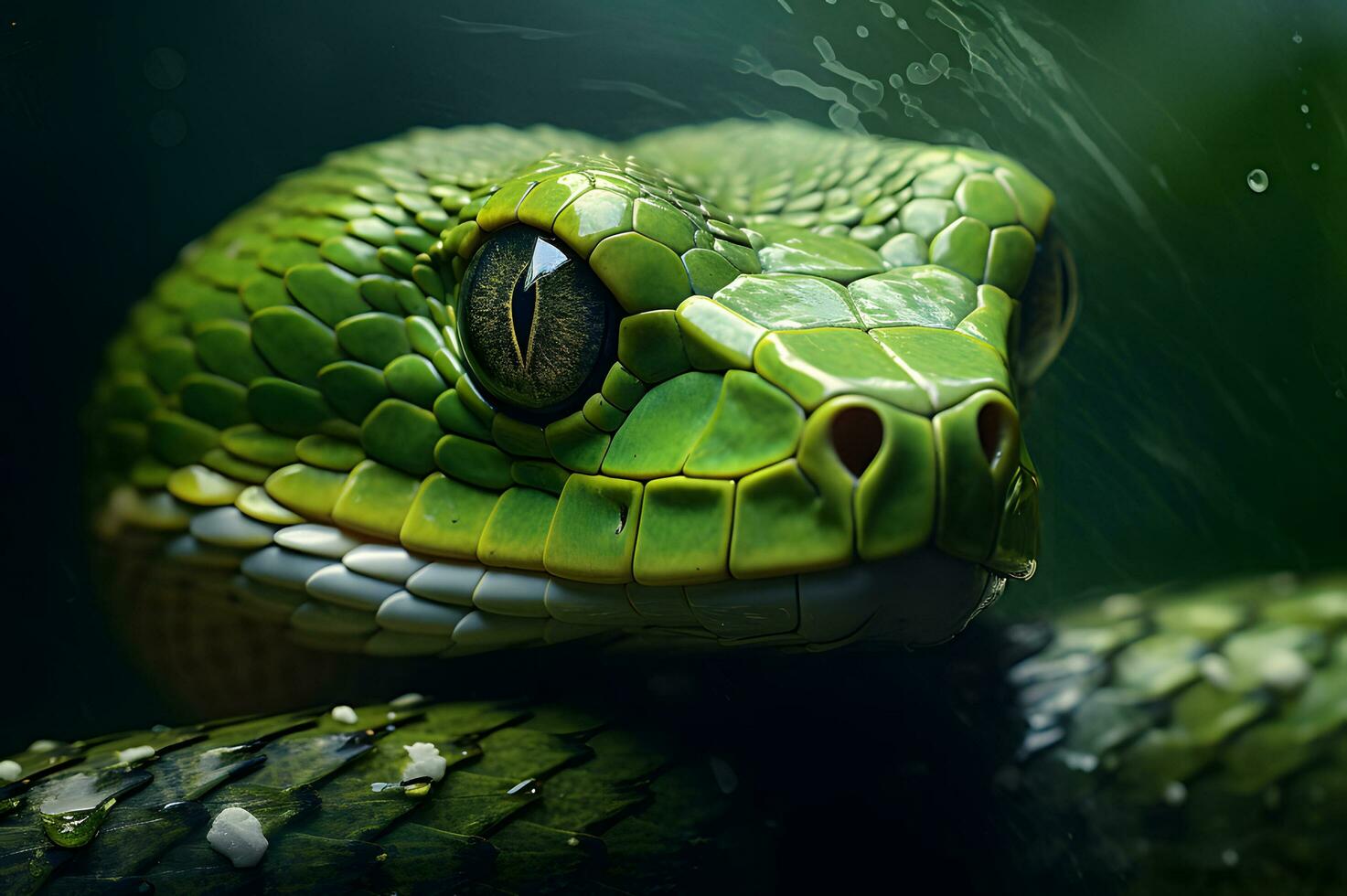 Close up shot of green venomous snake AI Generative photo