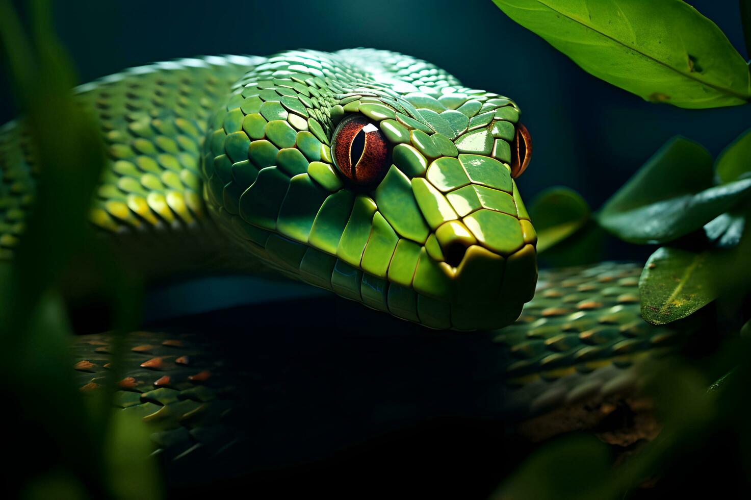 Close up shot of green venomous snake AI Generative photo