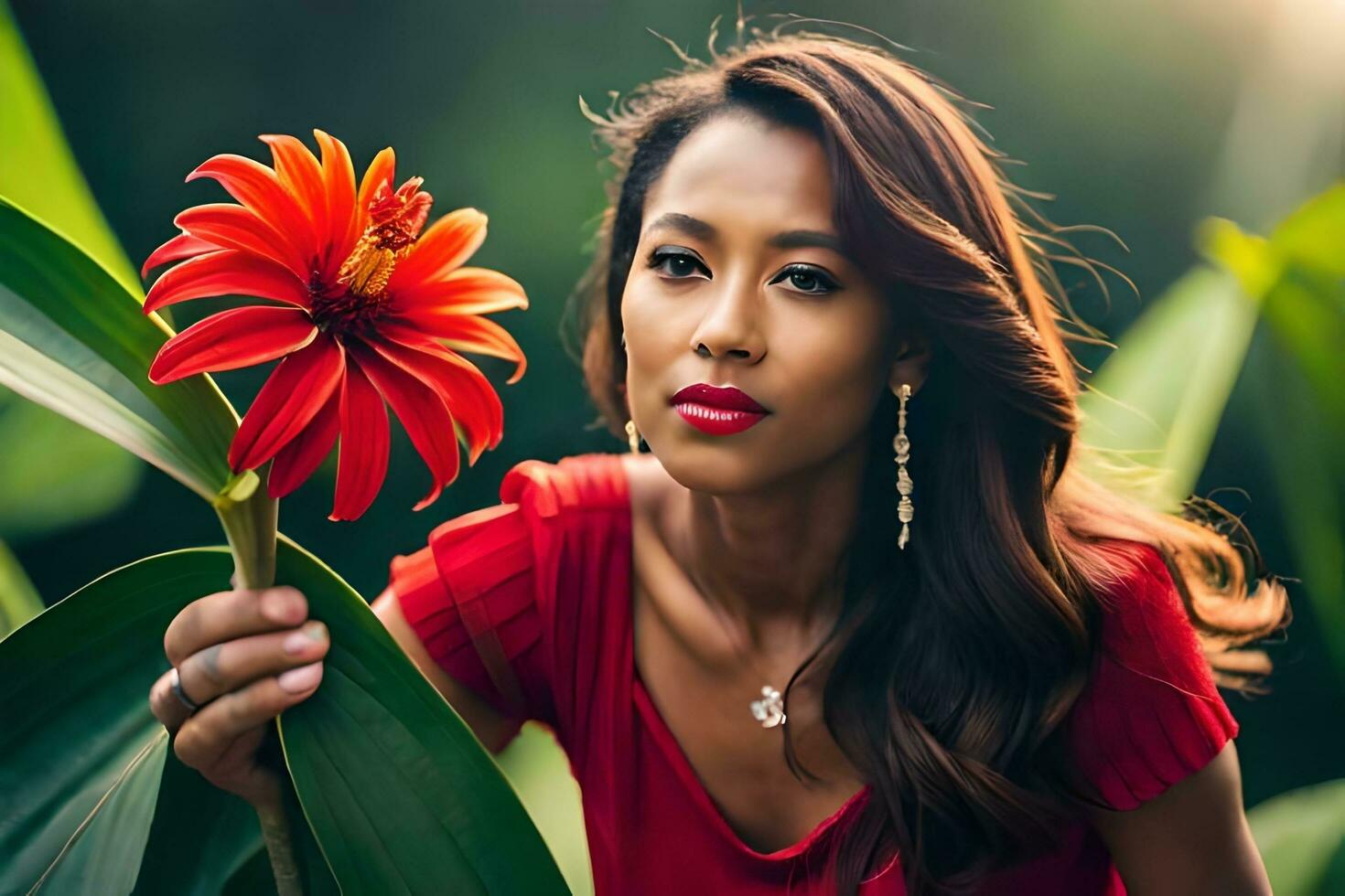 beautiful woman in red dress holding flower. AI-Generated photo