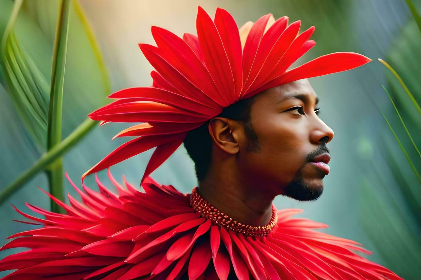 un hombre vistiendo un rojo pluma tocado y un rojo flor. generado por ai foto