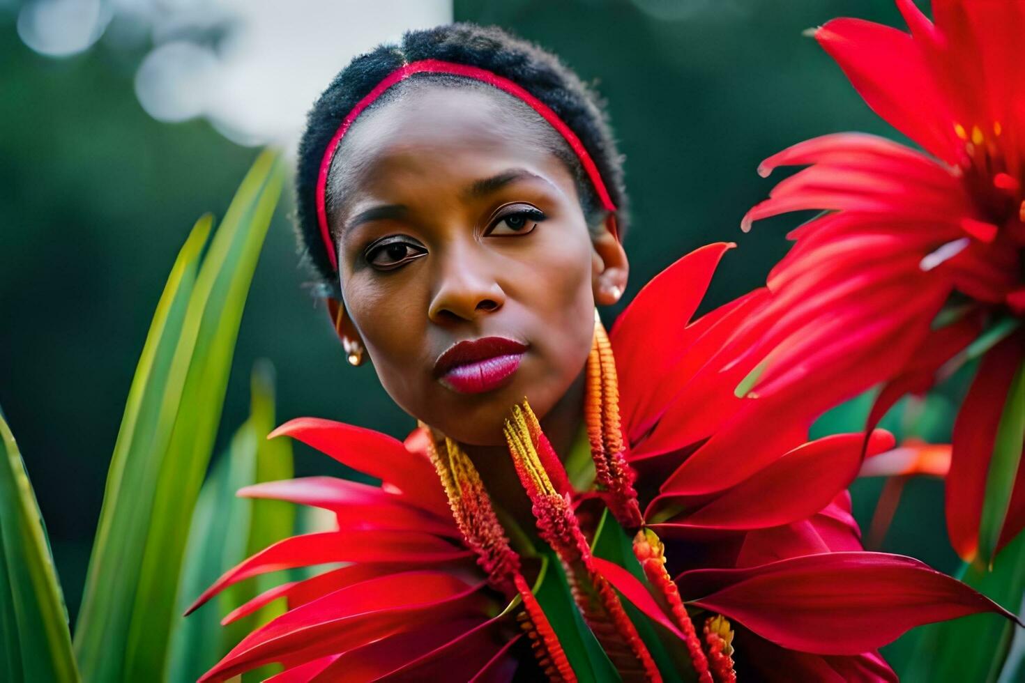 a woman with red flowers in her hair. AI-Generated photo