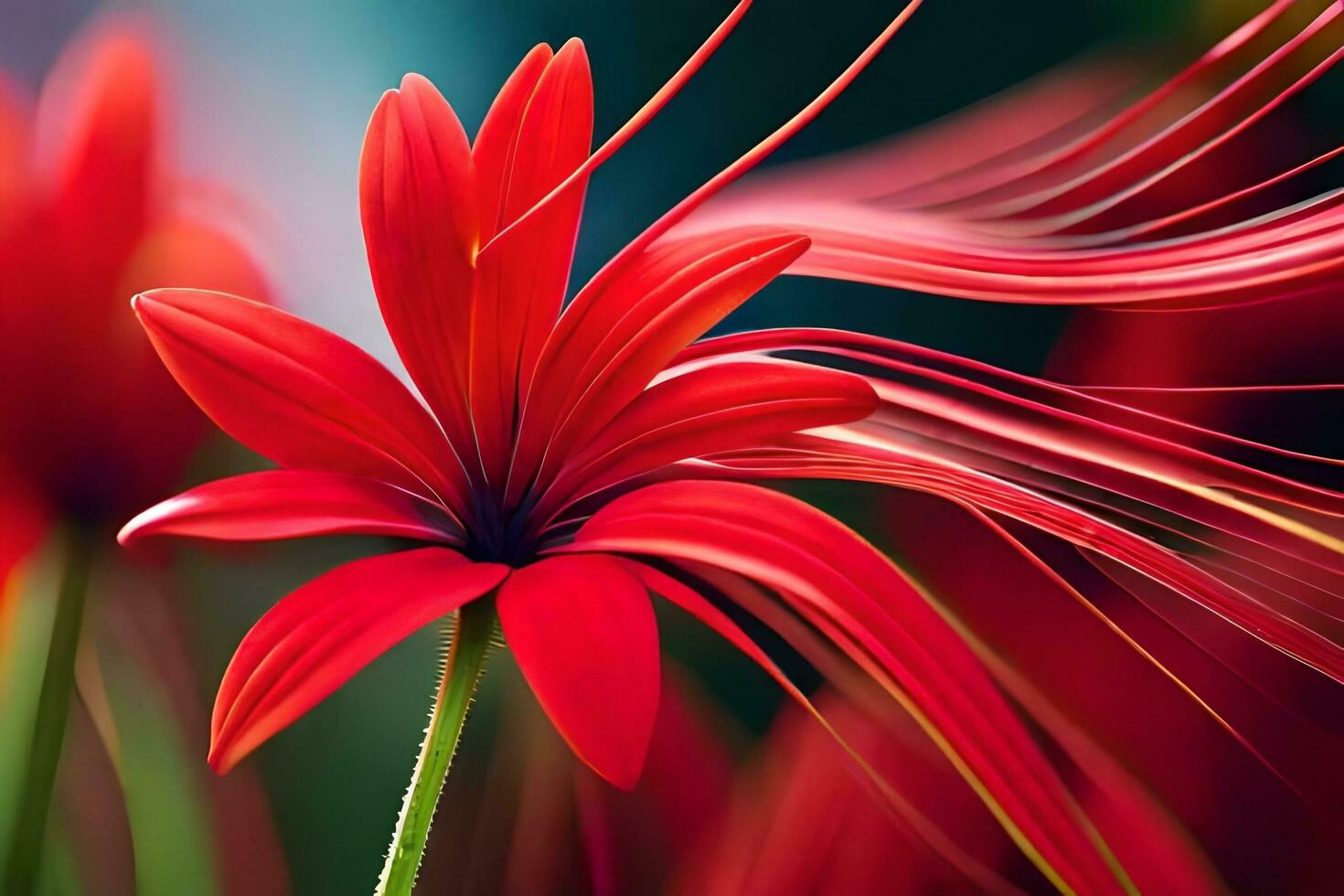 a red flower with long petals and a long stem. AI-Generated photo
