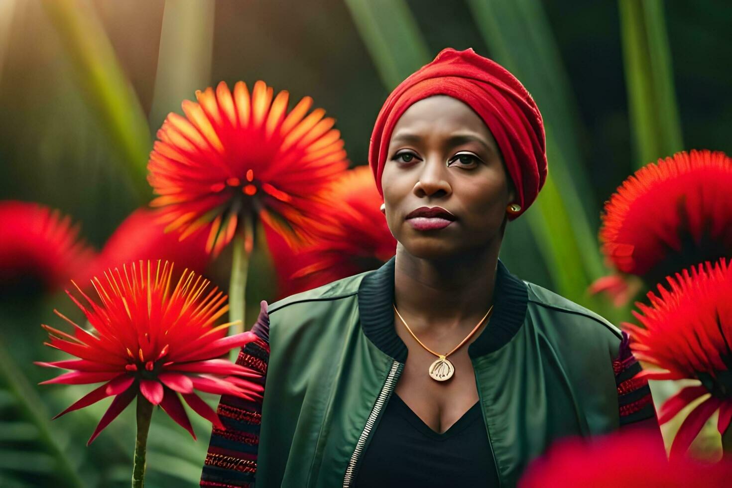 a woman with a turban and red flowers. AI-Generated photo