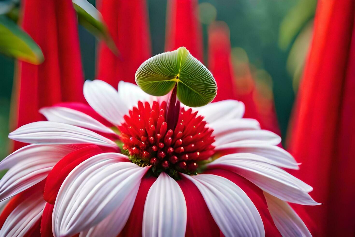 a red and white flower with a green center. AI-Generated photo