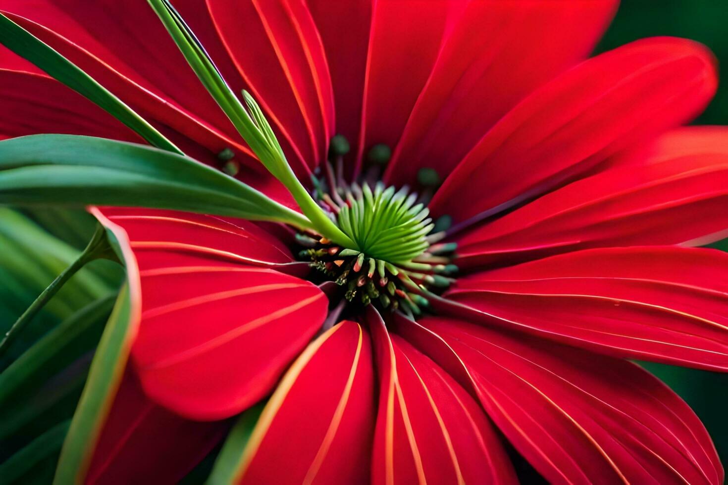 a close up of a red flower with green leaves. AI-Generated photo