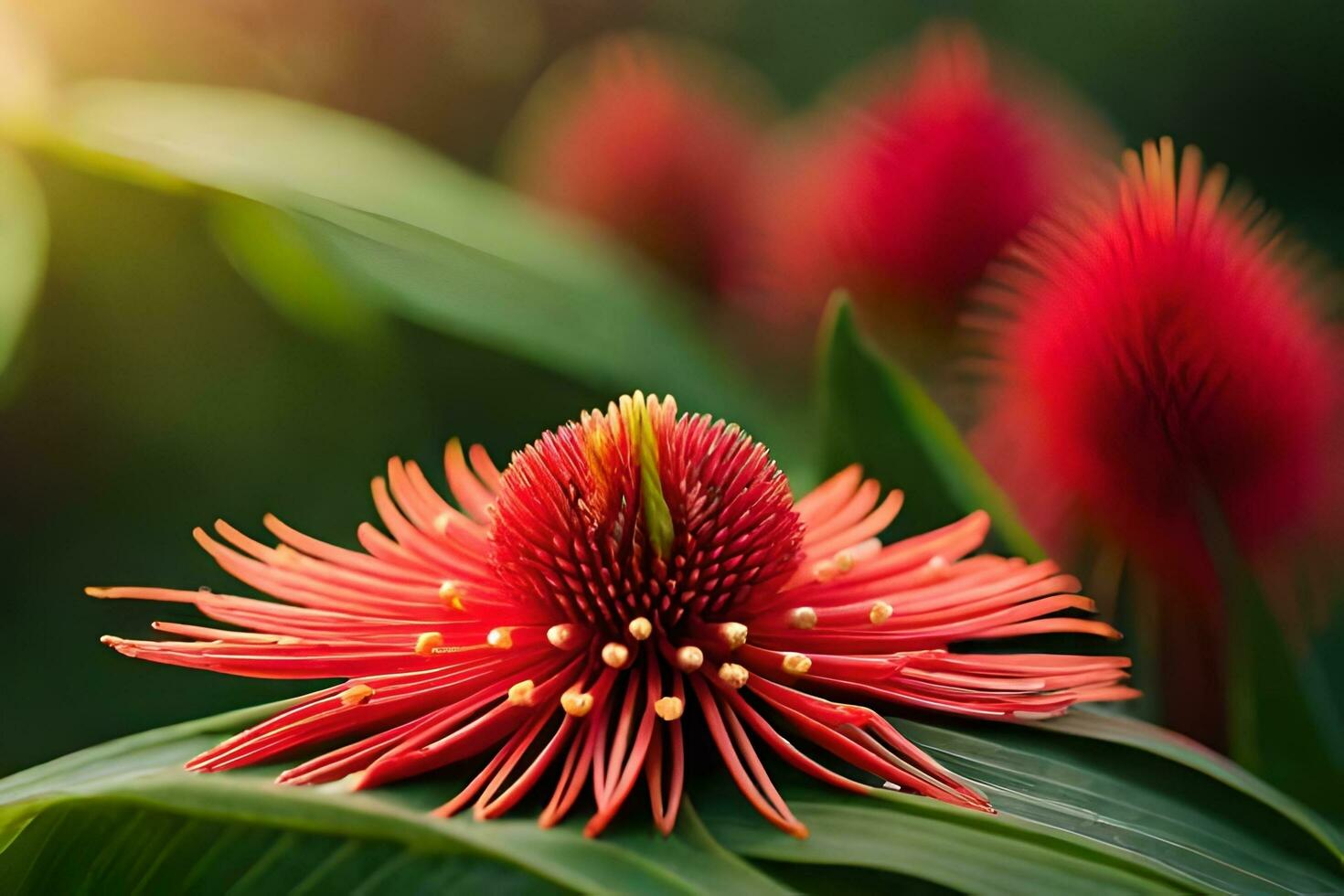 a red flower with green leaves in the sun. AI-Generated photo