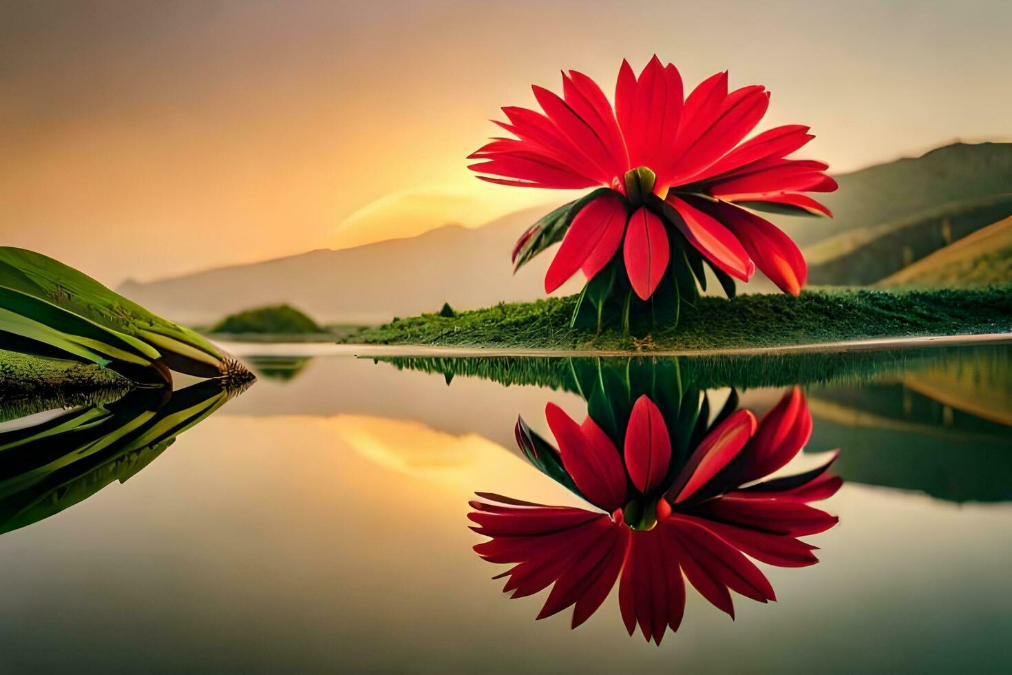 un rojo flor es reflejado en el agua. generado por ai foto