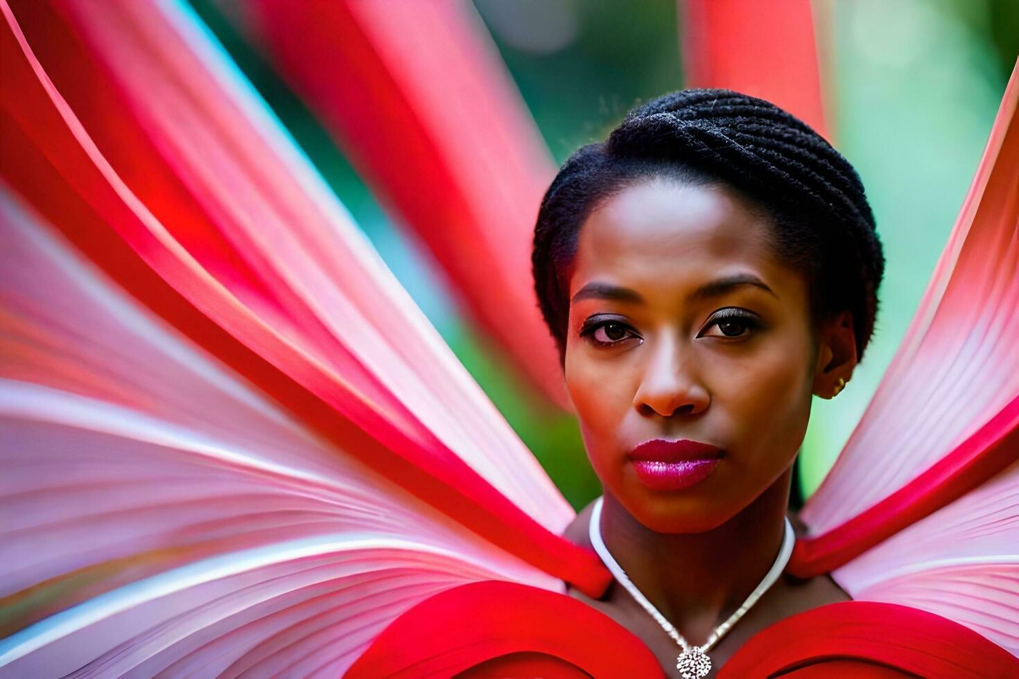 a woman with red wings and a red dress. AI-Generated photo
