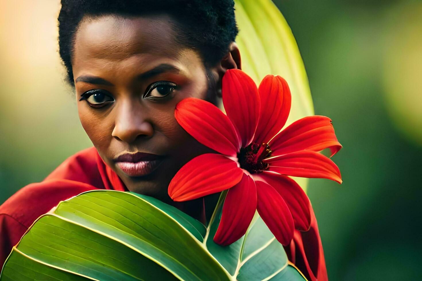 a woman with red hair and a flower in her hand. AI-Generated photo