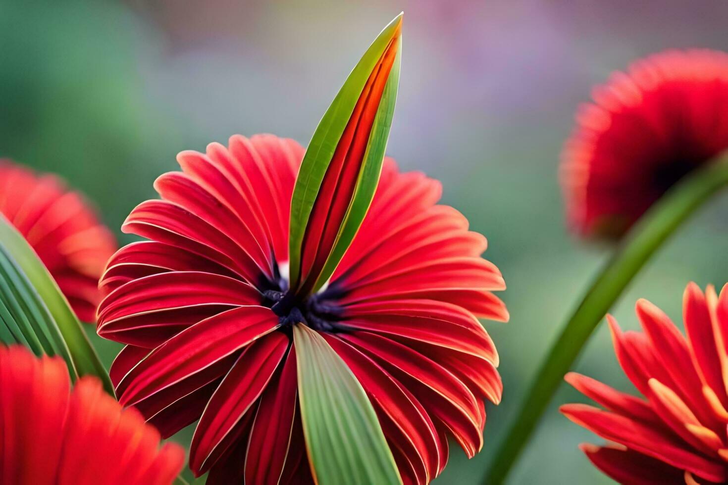 red flowers with green leaves in the background. AI-Generated photo