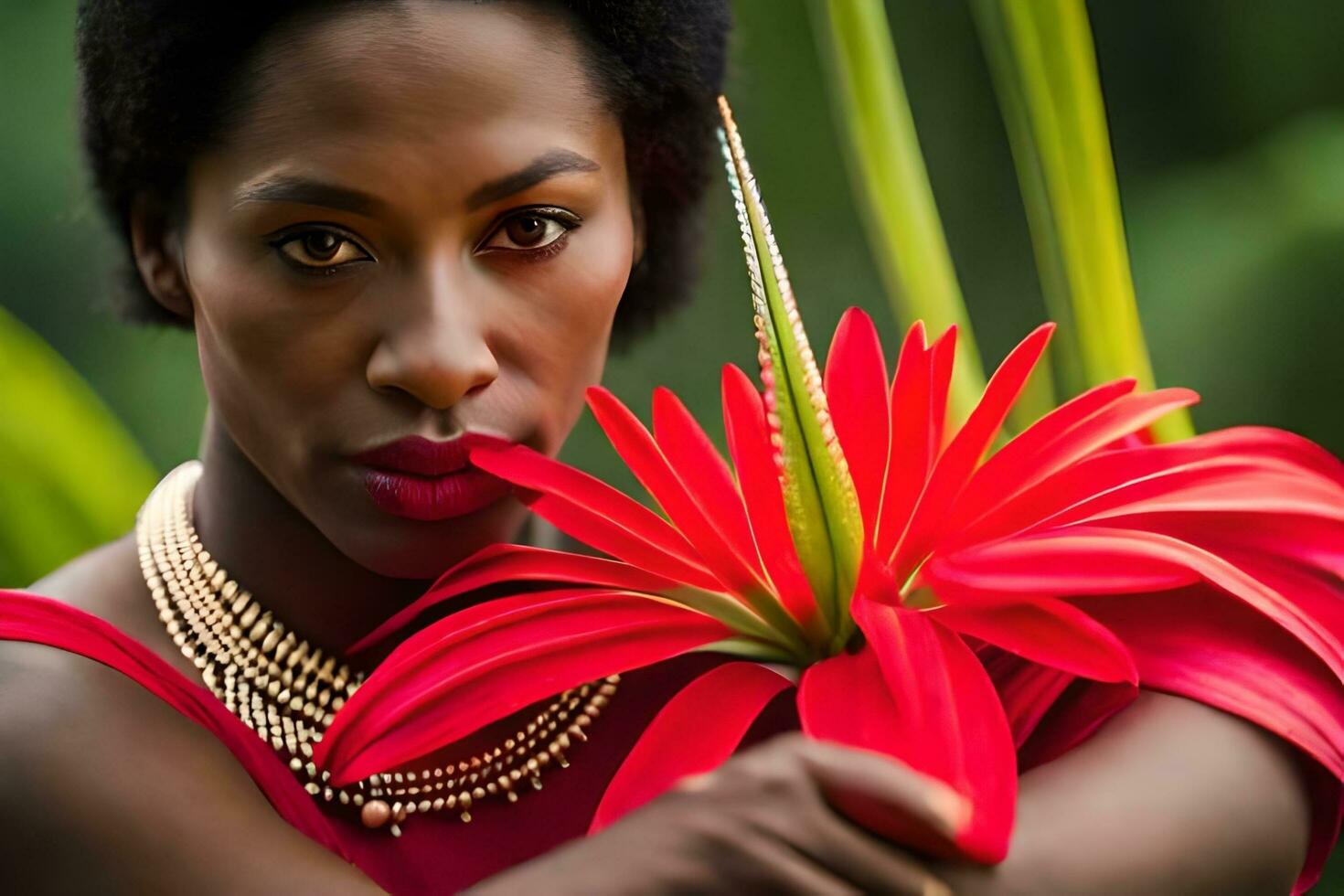 a woman in a red dress holding a red flower. AI-Generated photo