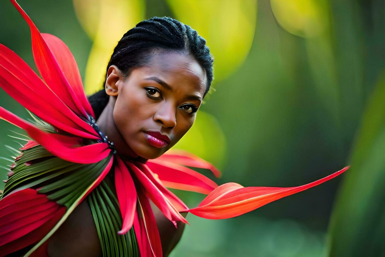 a beautiful woman with red feathers on her head. AI-Generated photo