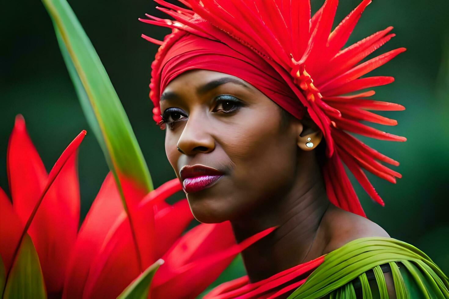 un mujer con brillante rojo plumas en su cabello. generado por ai foto