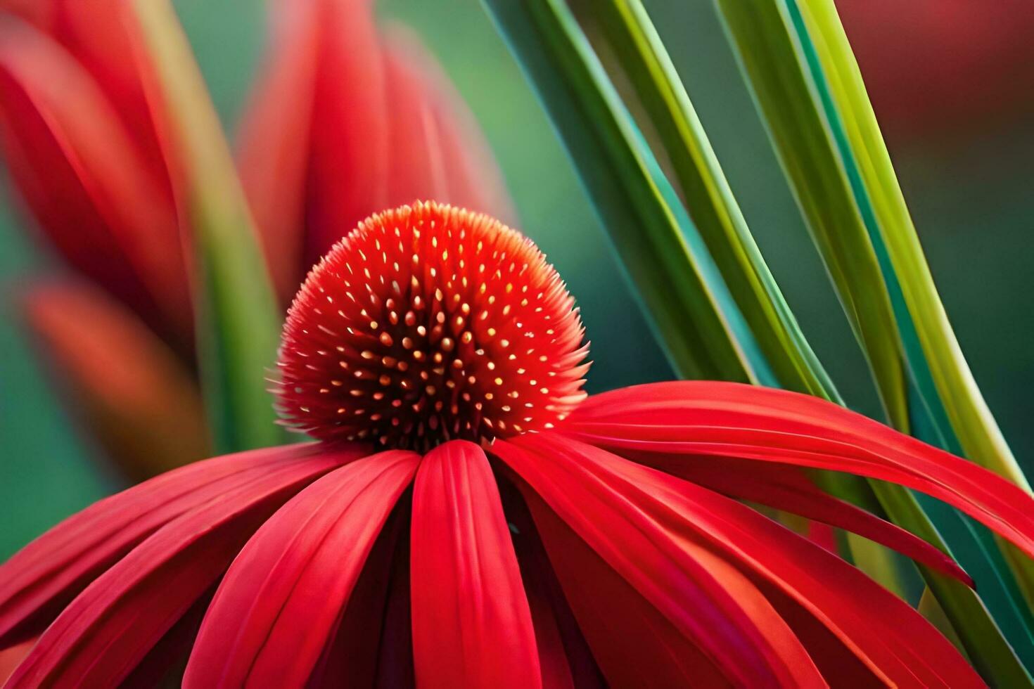 a red flower with green stems and a green stem. AI-Generated photo