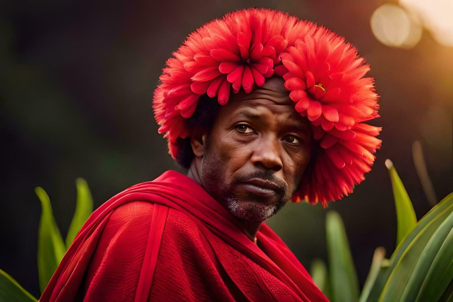 un hombre vistiendo un rojo flor corona. generado por ai foto