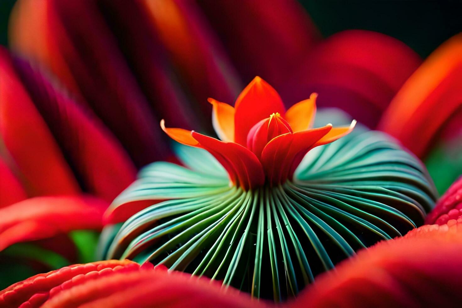 a close up of a red flower with green leaves. AI-Generated photo