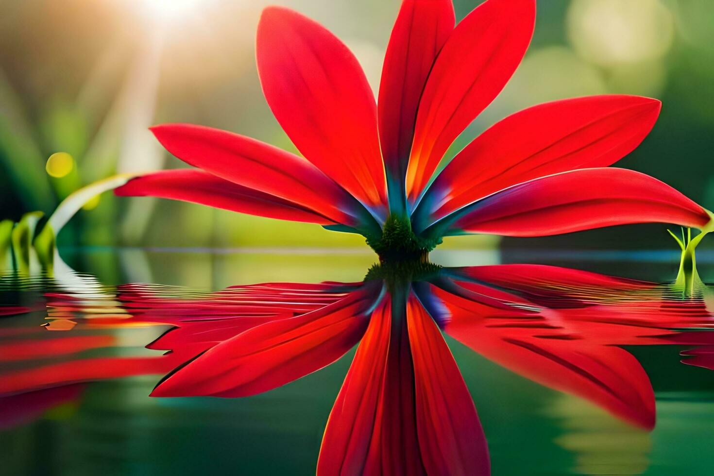 a red flower is reflected in the water. AI-Generated photo
