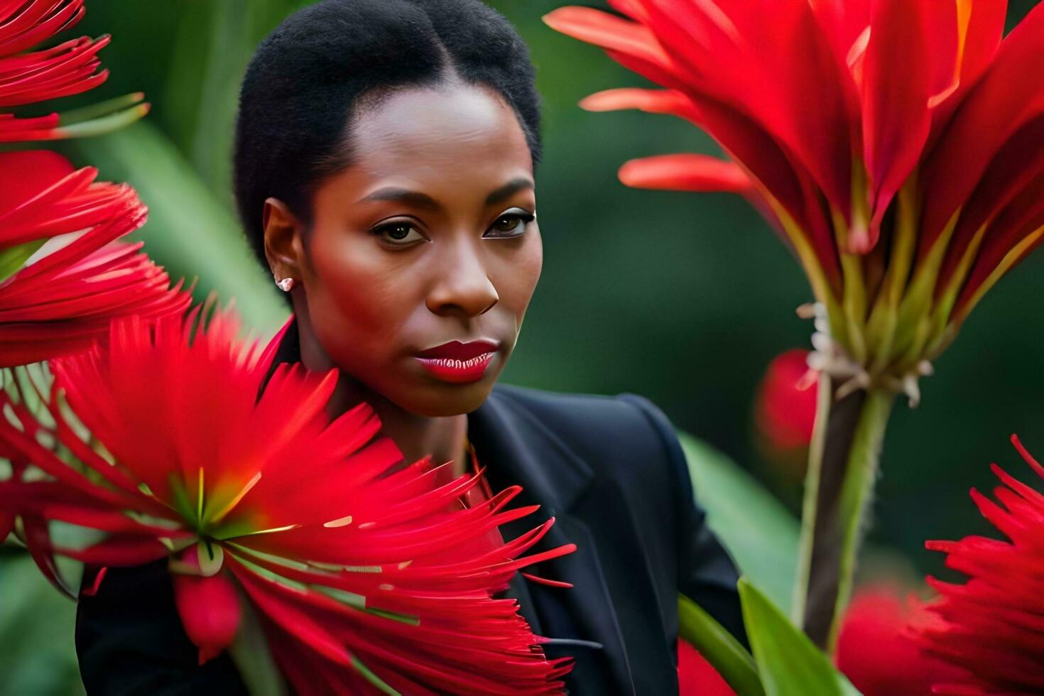 un mujer con rojo flores en su manos. generado por ai foto