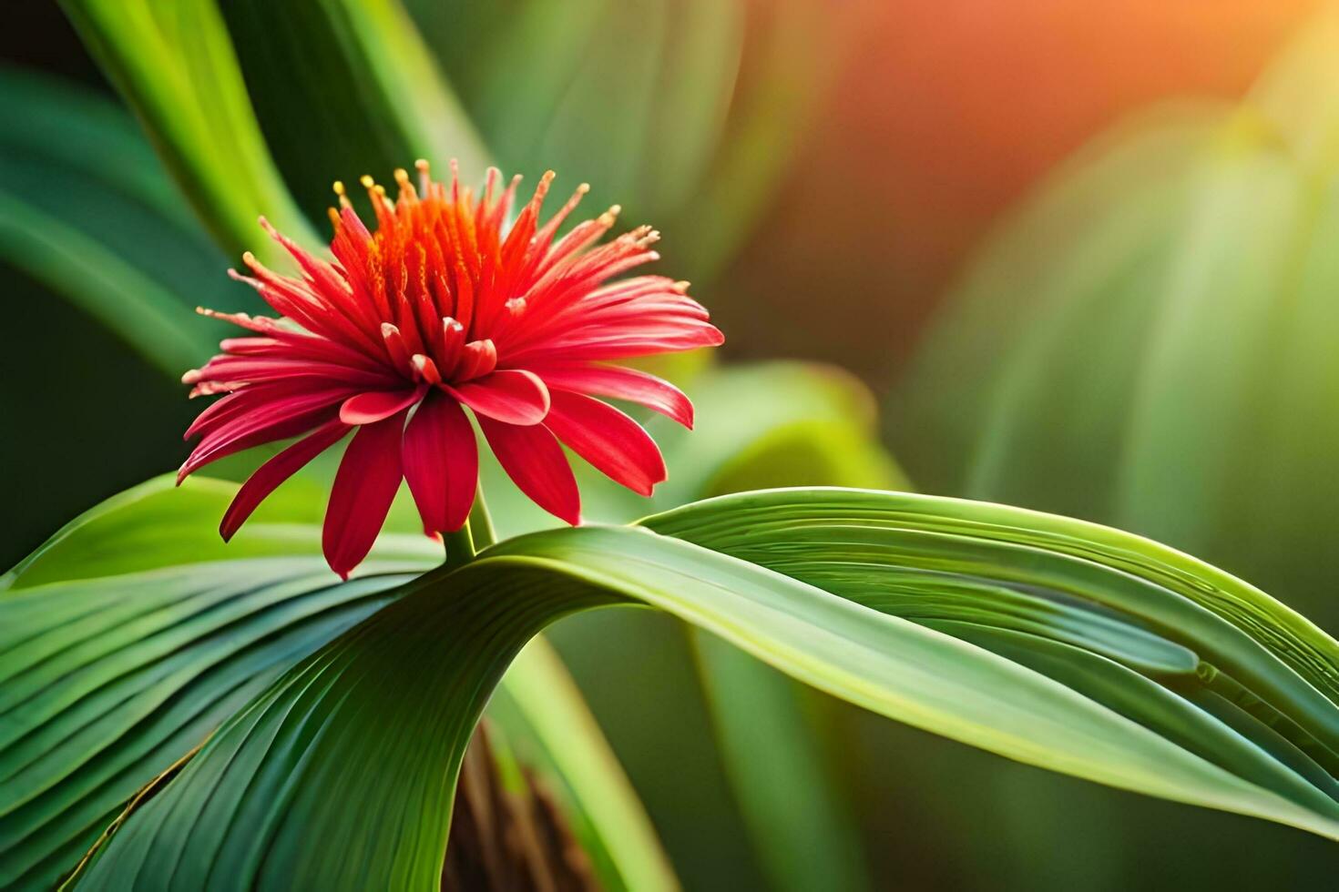 a red flower is on top of a green plant. AI-Generated photo