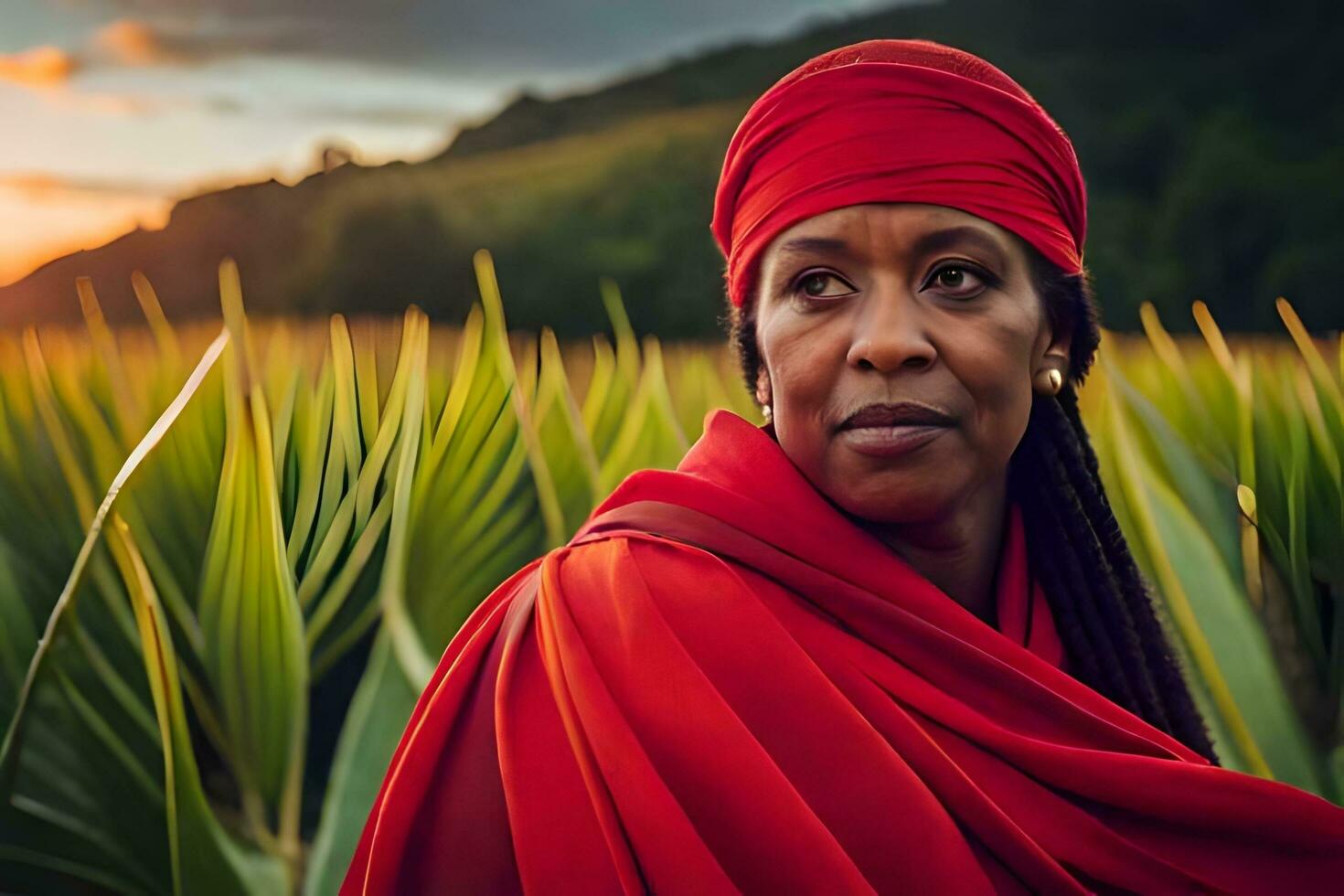 a woman in a red turban stands in front of palm trees. AI-Generated photo