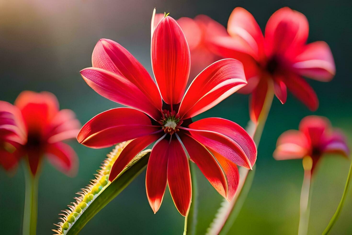 red flowers in the sun with green leaves. AI-Generated photo