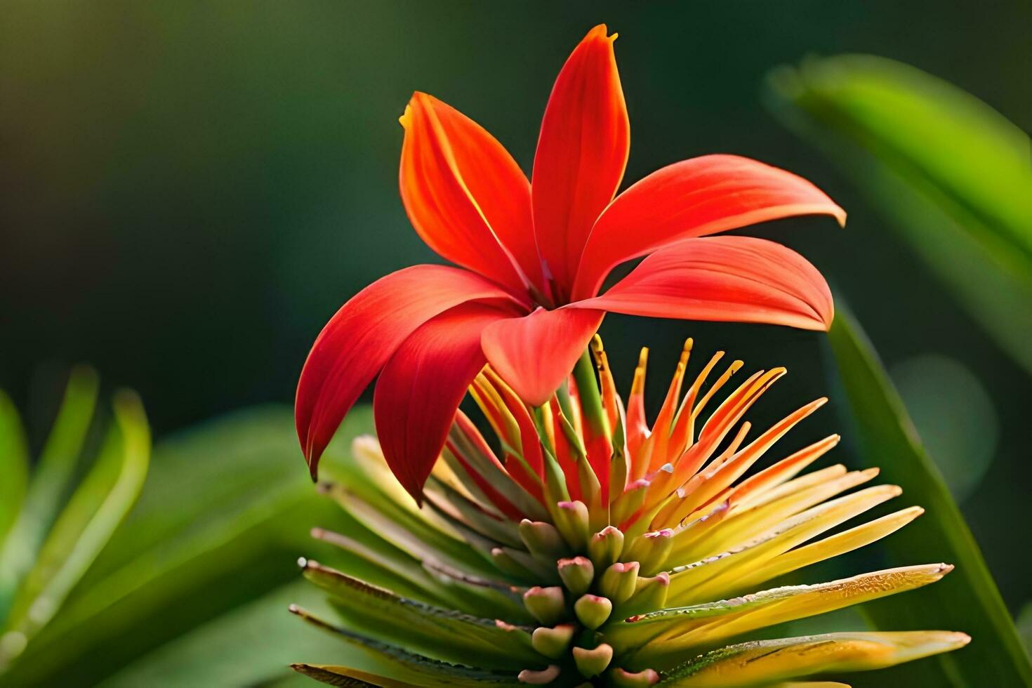 a red flower is growing on top of a green plant. AI-Generated photo