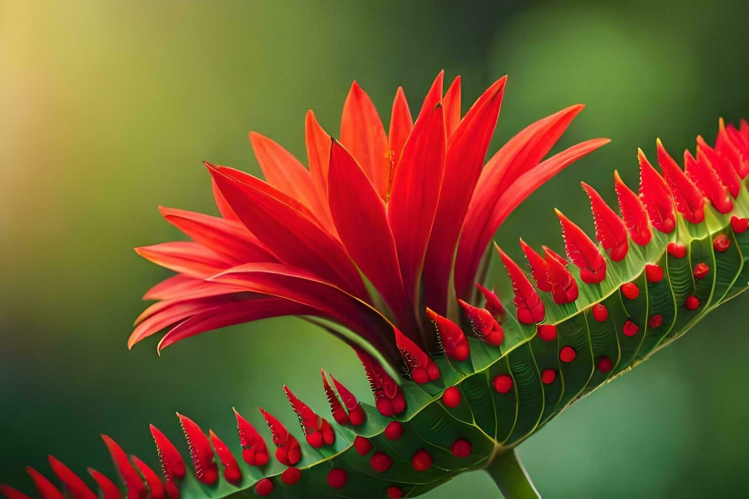 a red flower is sitting on top of a green plant. AI-Generated photo