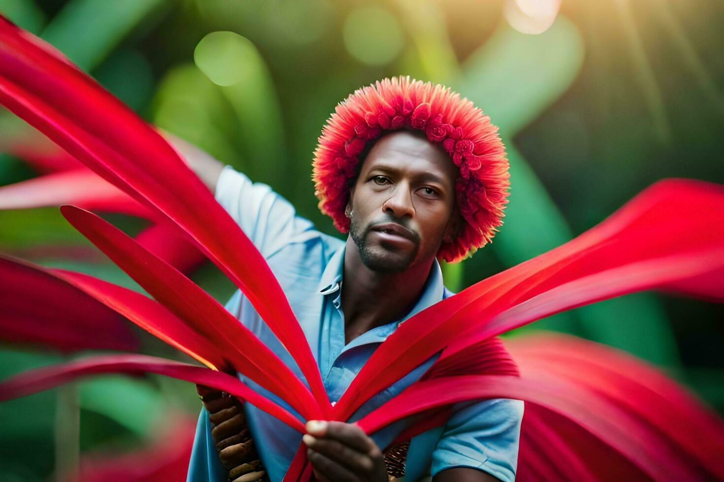 un hombre con rojo pelo y un flor en su mano. generado por ai foto