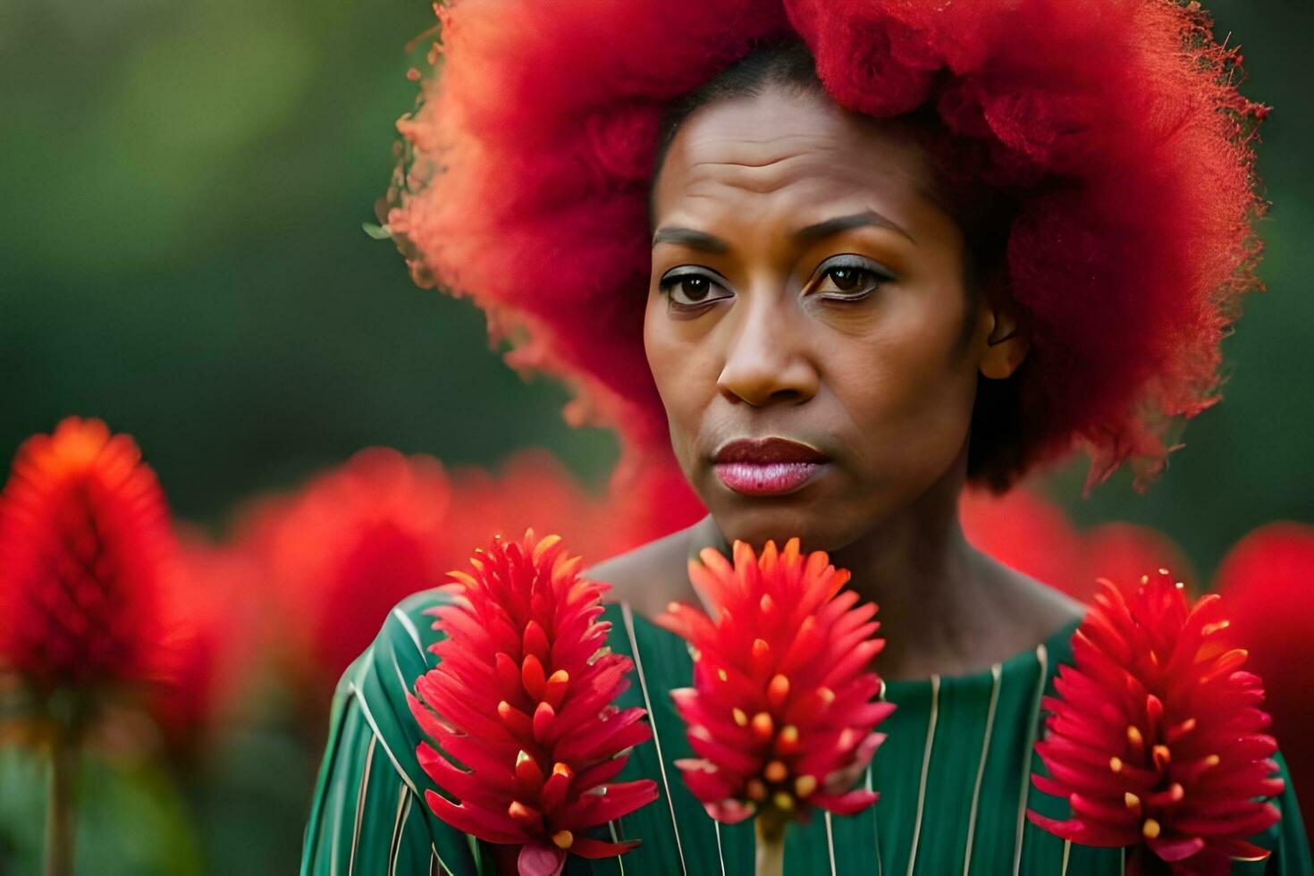 a woman with red hair and flowers. AI-Generated photo