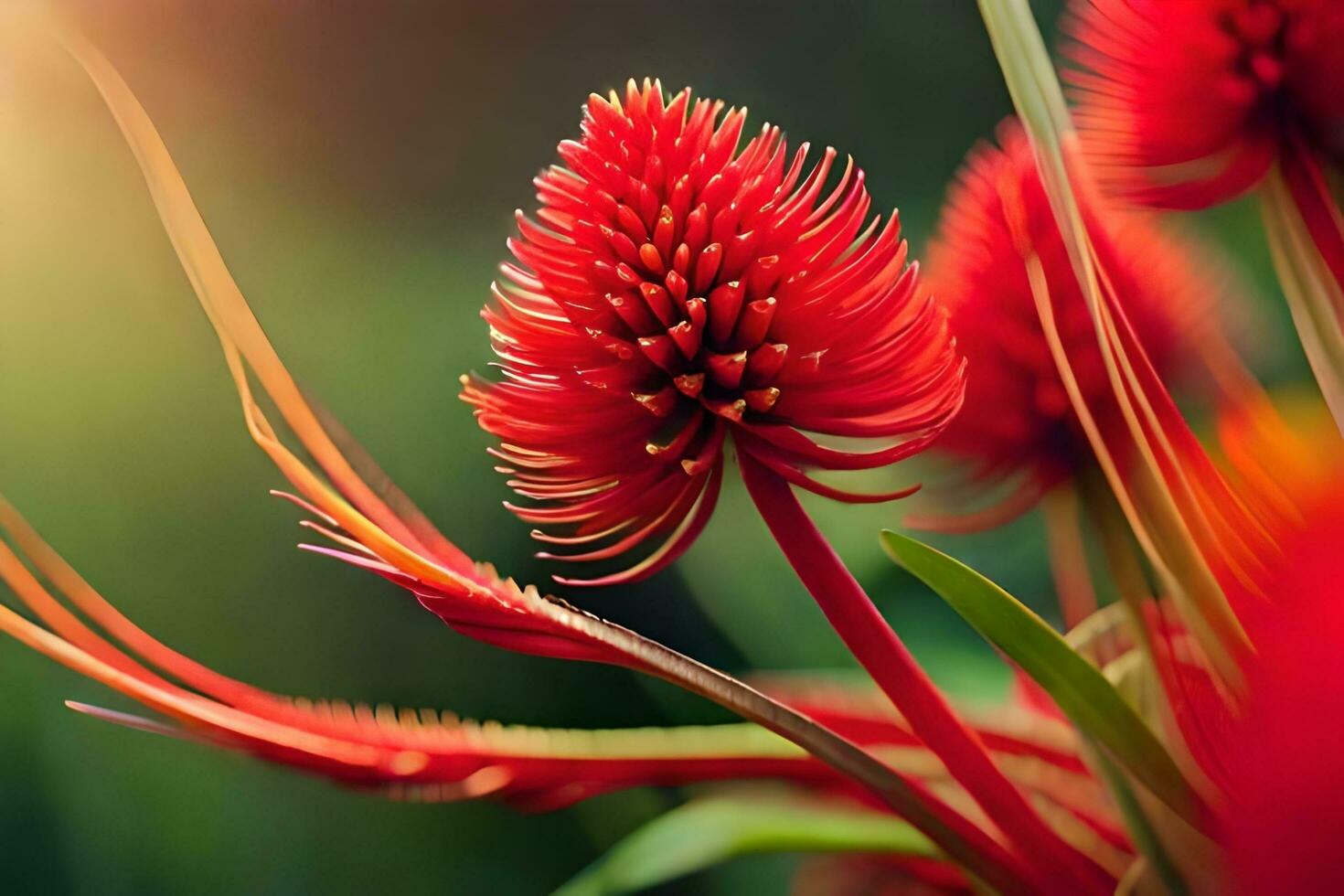 red flowers with long stems in the sun. AI-Generated photo