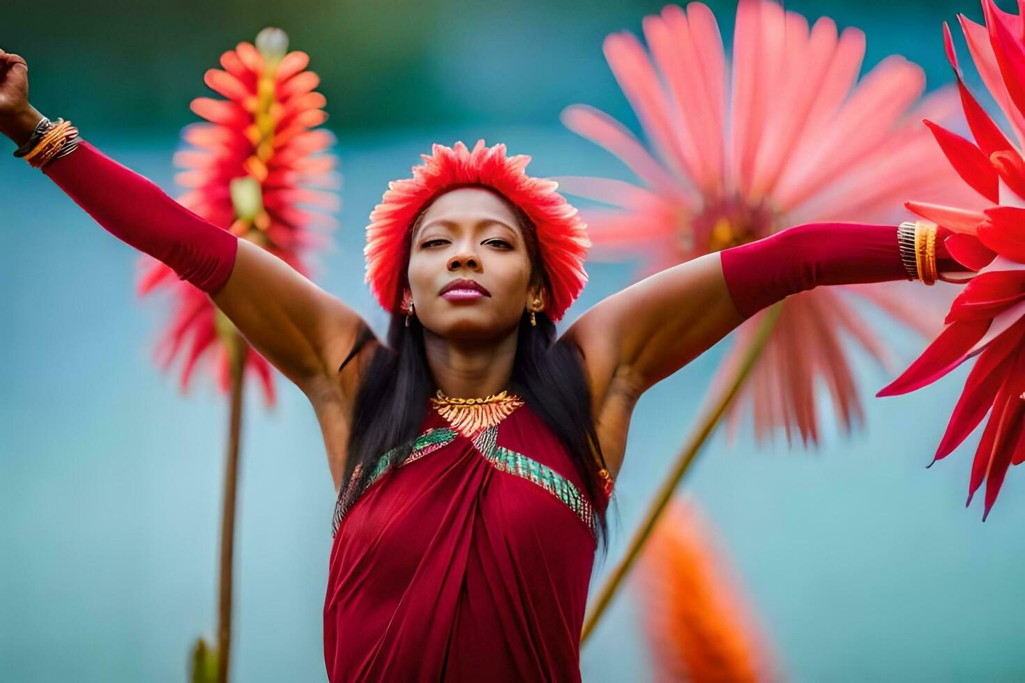 a woman in a red dress and flower headdress is posing with her arms outstretched. AI-Generated photo