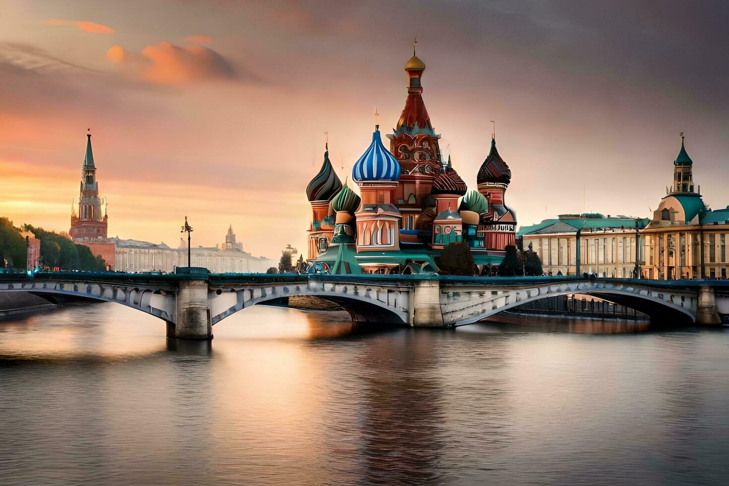 el rojo cuadrado en Moscú, Rusia a puesta de sol. generado por ai foto