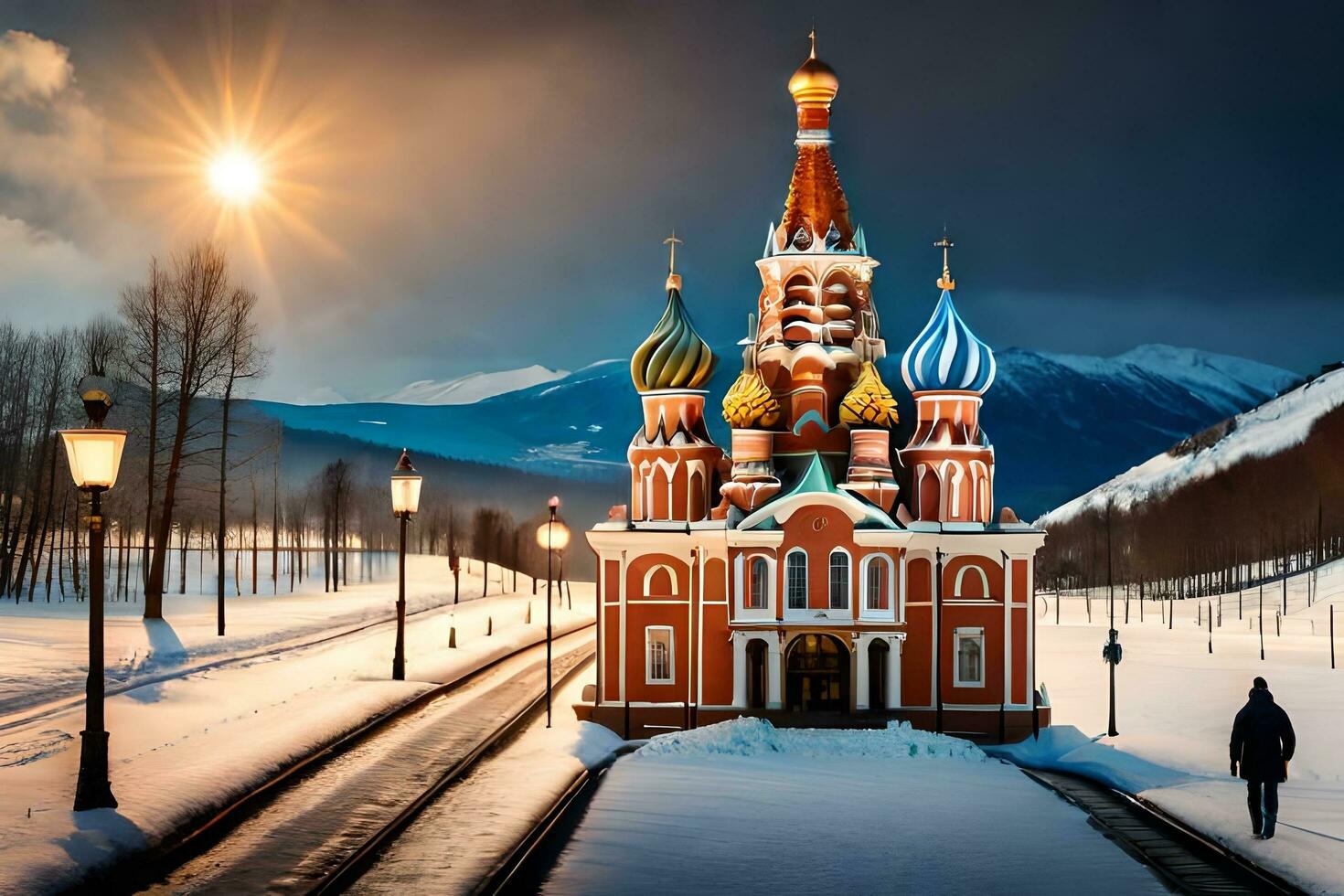 a church in the snow with a man walking by. AI-Generated photo