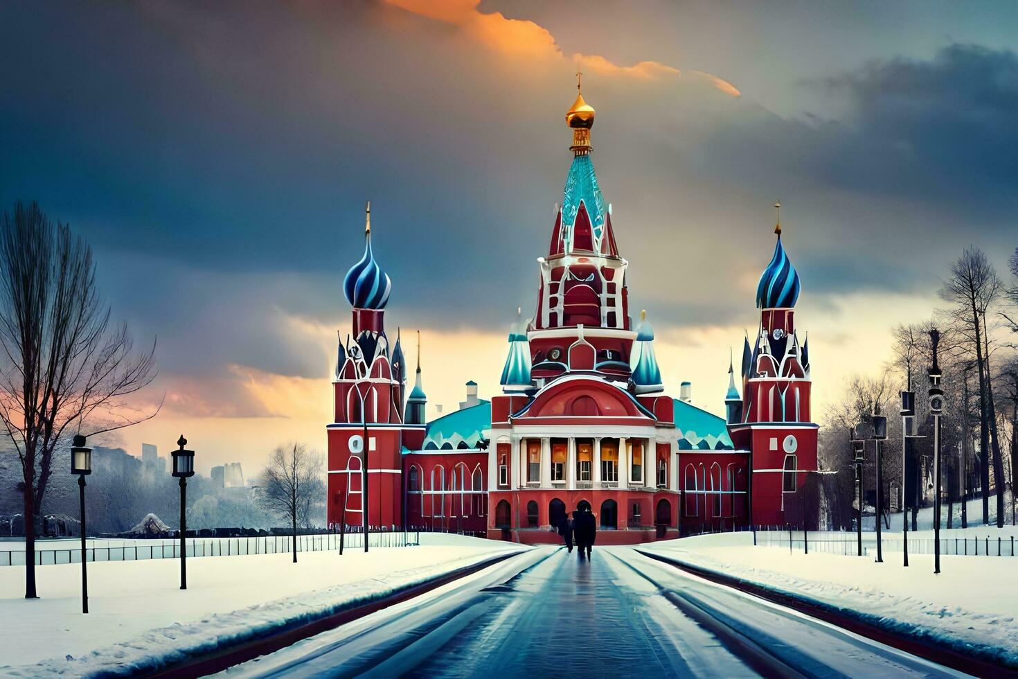 a beautiful red building with two towers in the snow. AI-Generated photo