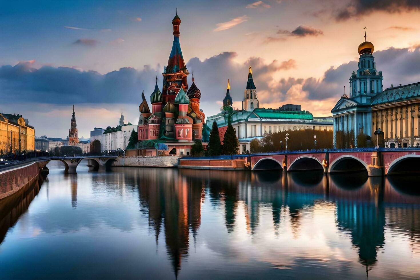 el kremlin y el Moscú río a puesta de sol. generado por ai foto