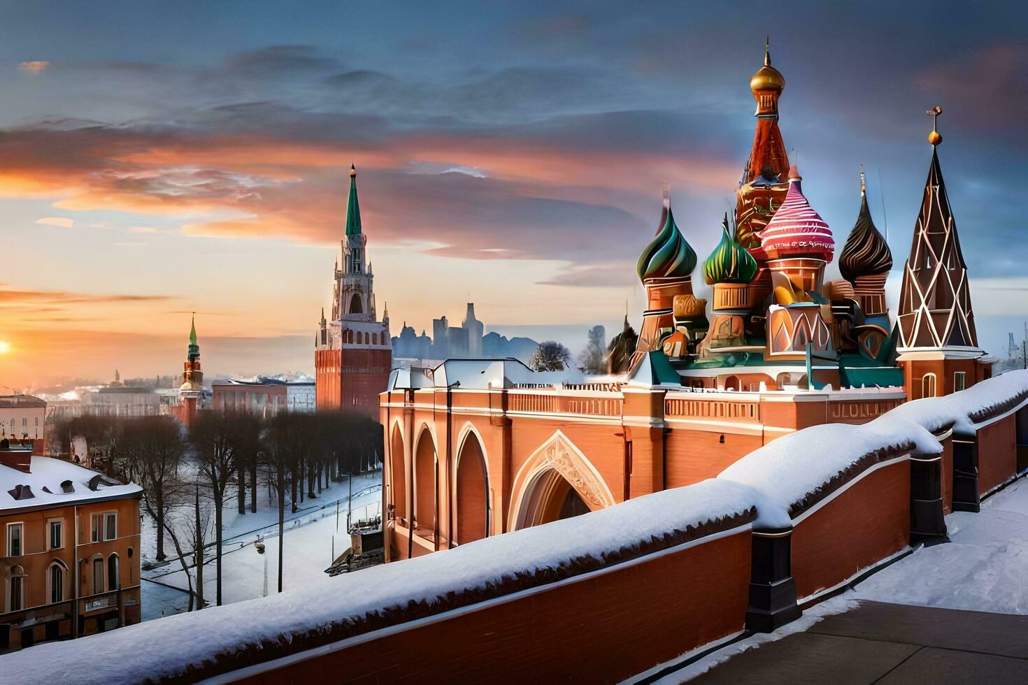 el kremlin y el rojo cuadrado a puesta de sol. generado por ai foto