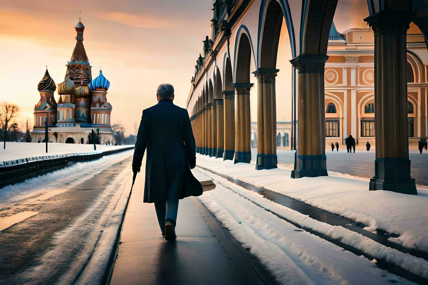 a man walking in front of a church in the snow. AI-Generated photo