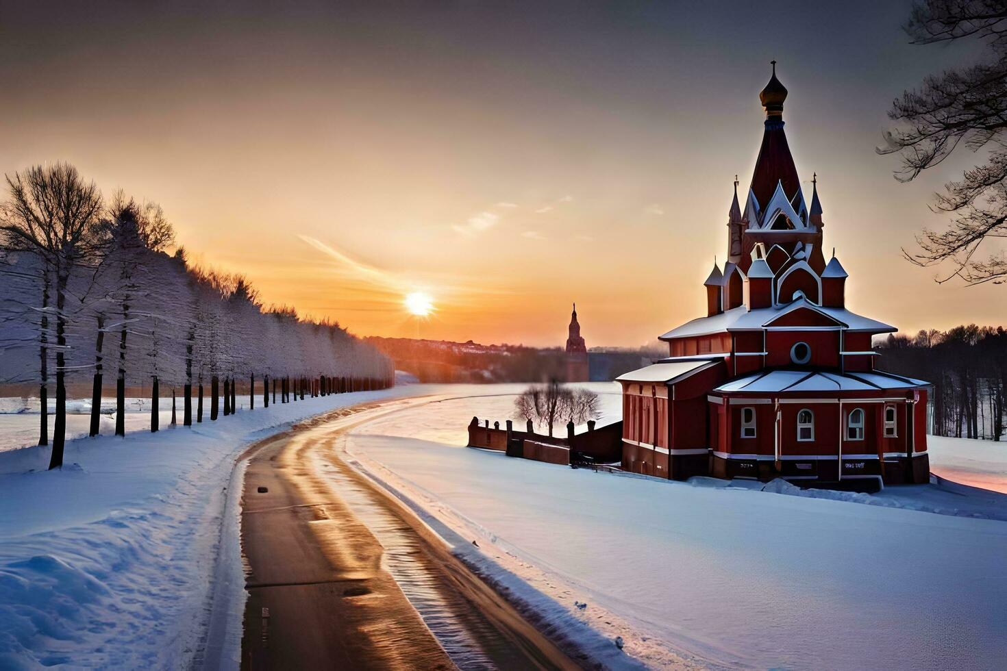 a red church is seen in the snow. AI-Generated photo