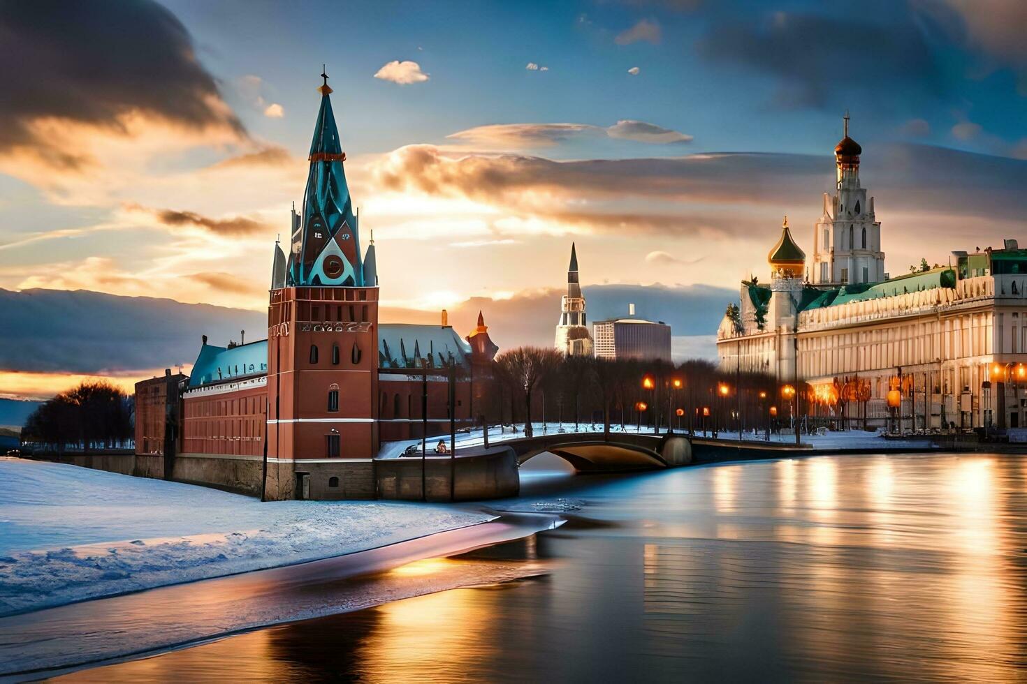 el kremlin y el río Moscú a puesta de sol. generado por ai foto