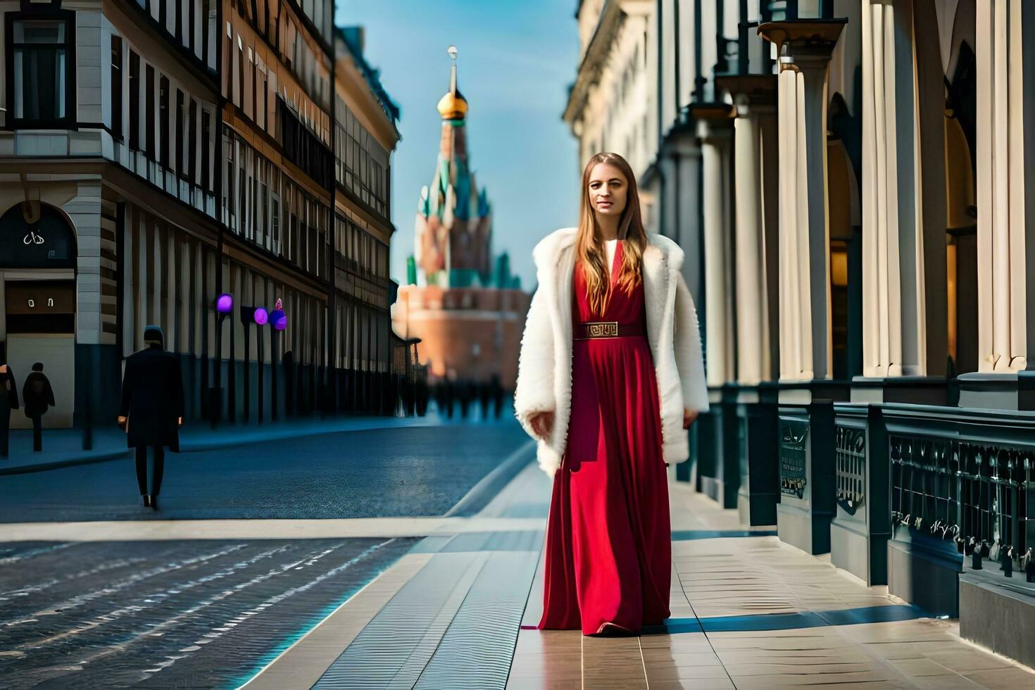 a woman in a red dress and white coat standing on a street. AI-Generated photo