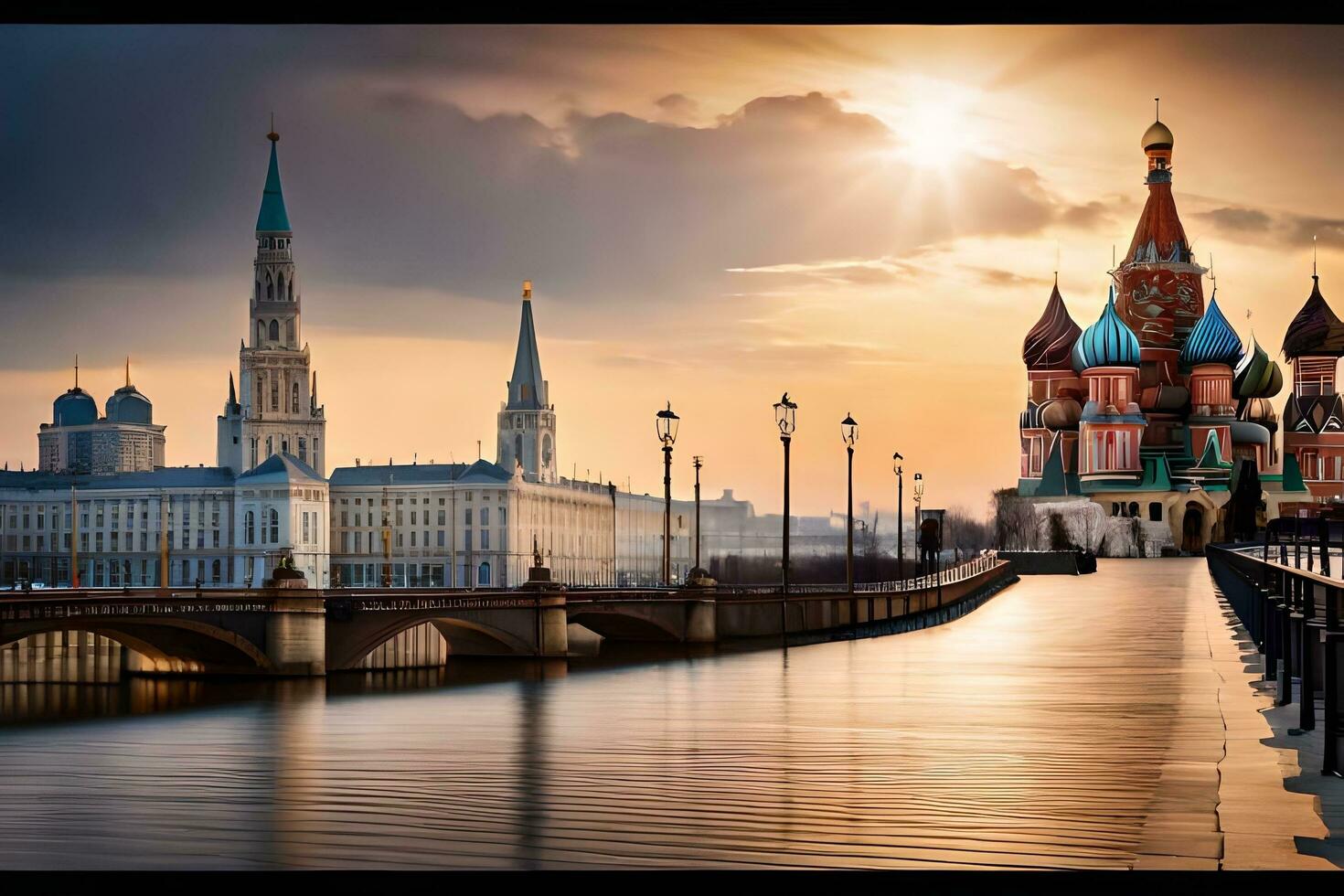 the sun is setting over the moscow skyline. AI-Generated photo