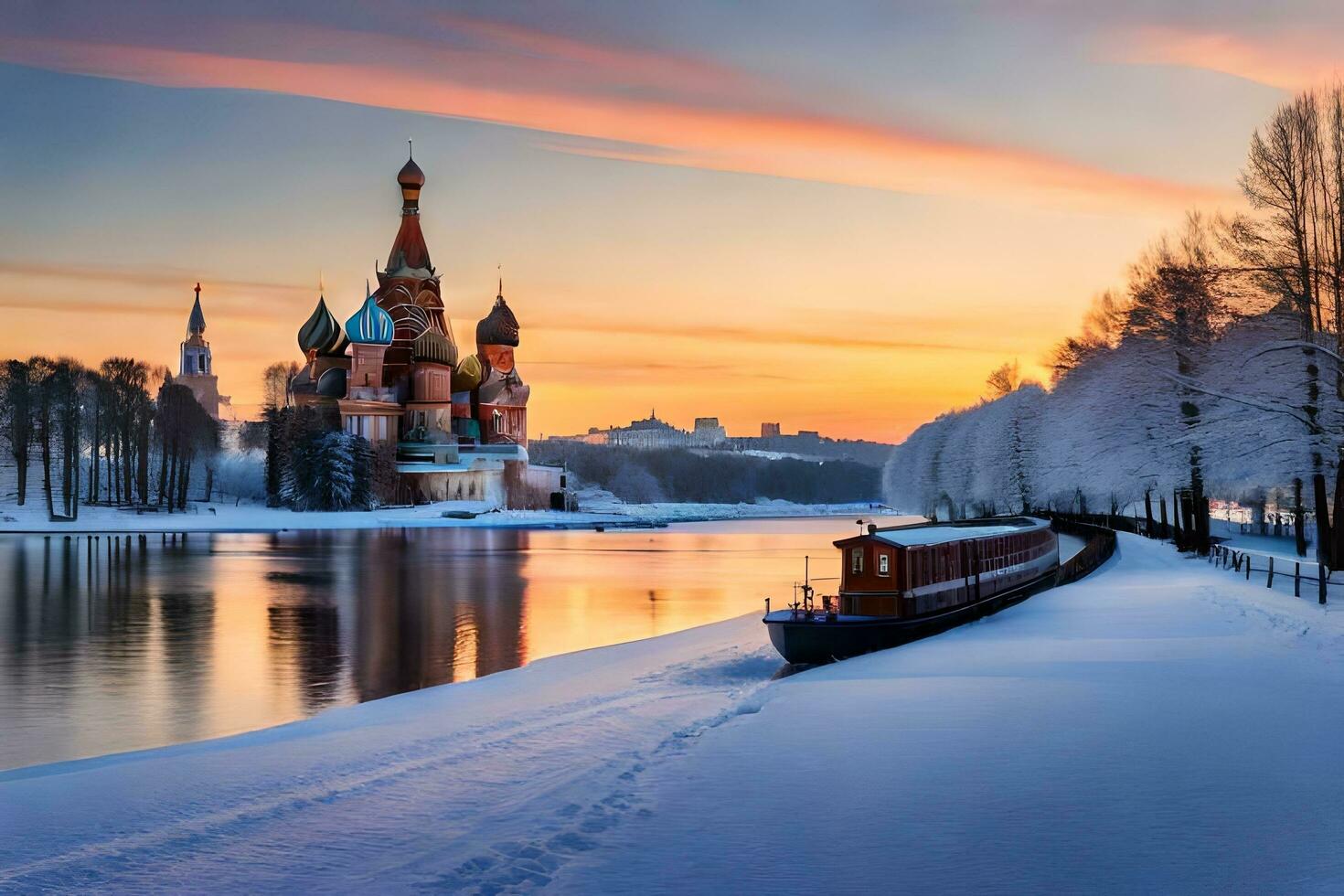 a river boat is traveling down the river in front of a church. AI-Generated photo