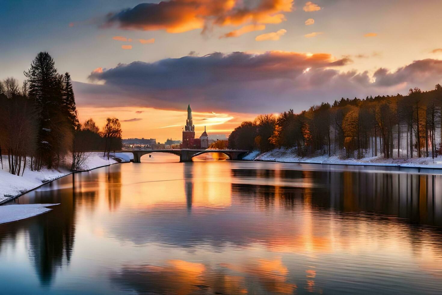 a river in the middle of a snowy winter landscape. AI-Generated photo