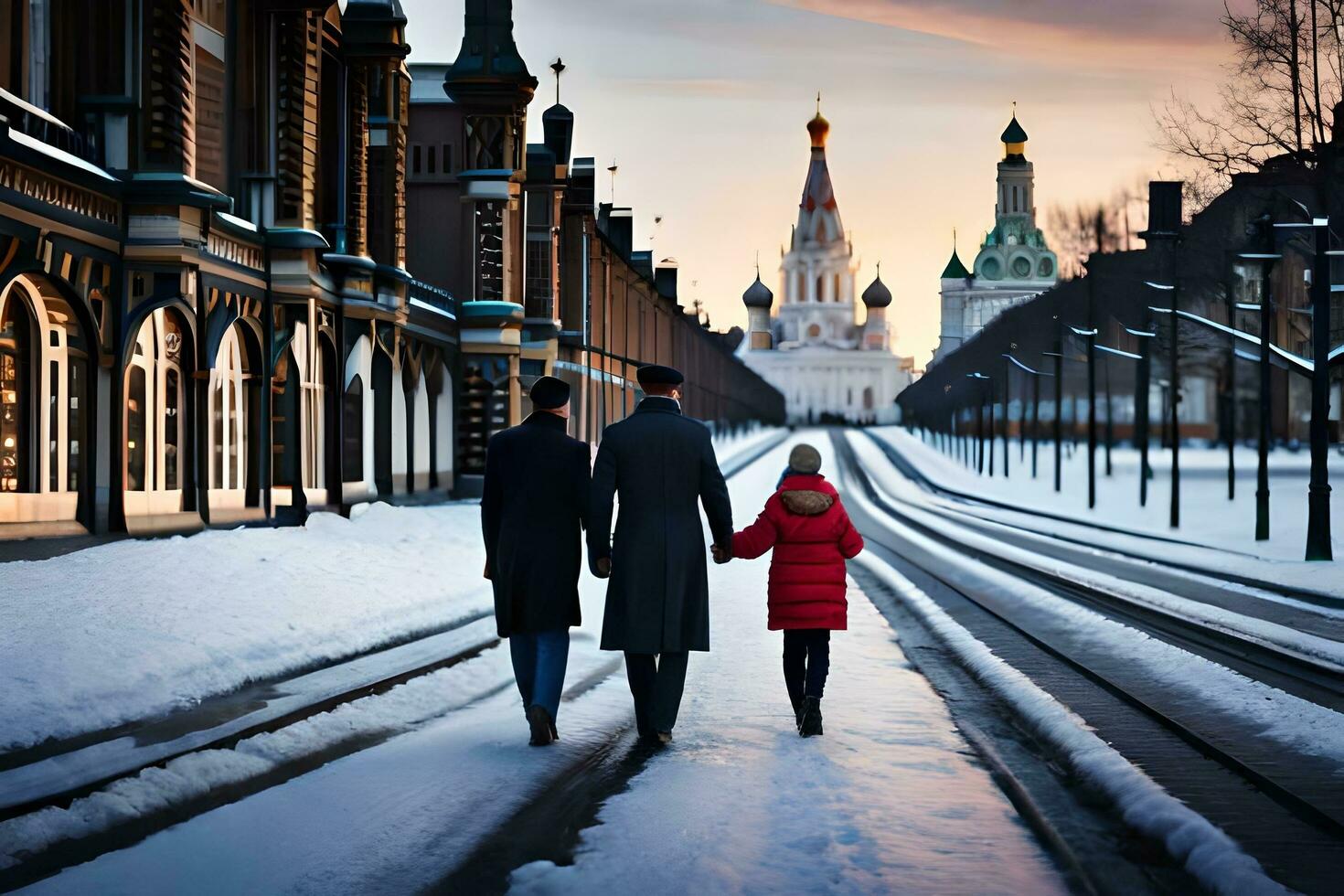 a family walking down a snowy street in front of a church. AI-Generated photo