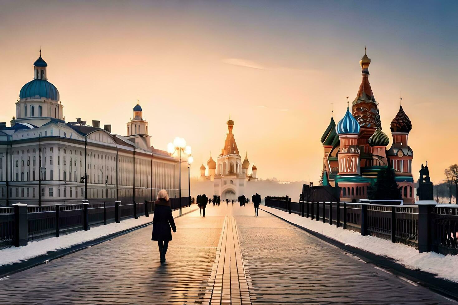 a person walking on a bridge in front of the kremlin. AI-Generated photo